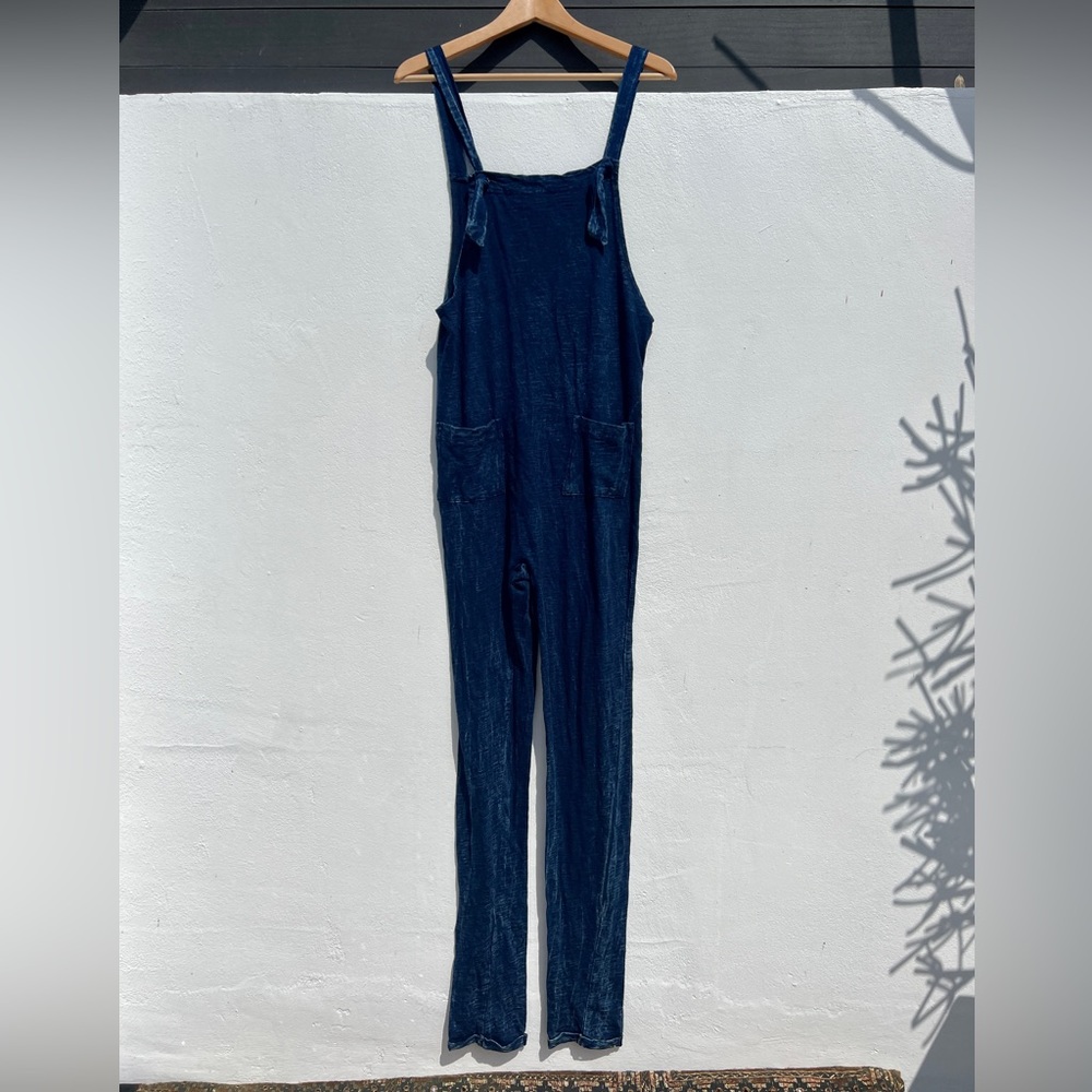 Faded Dark Wash Blue Lightweight Tie Strap Jumpsuit - Picture 6 of 11